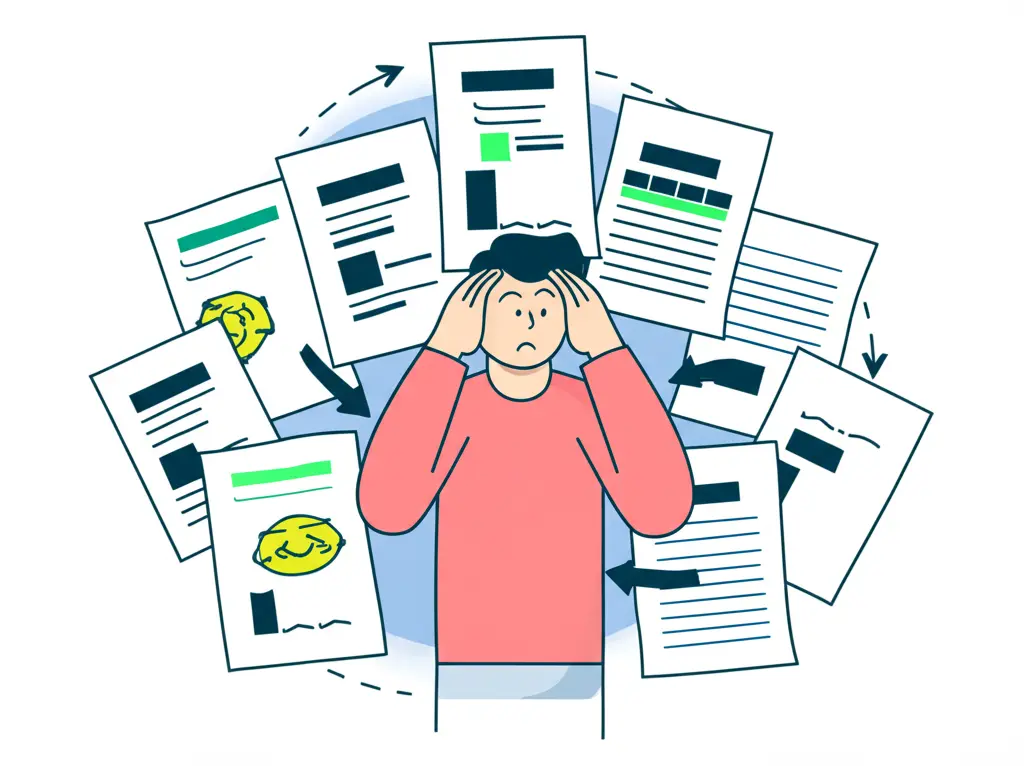 A person overwhelmed by student loan documents with arrows to repayment options