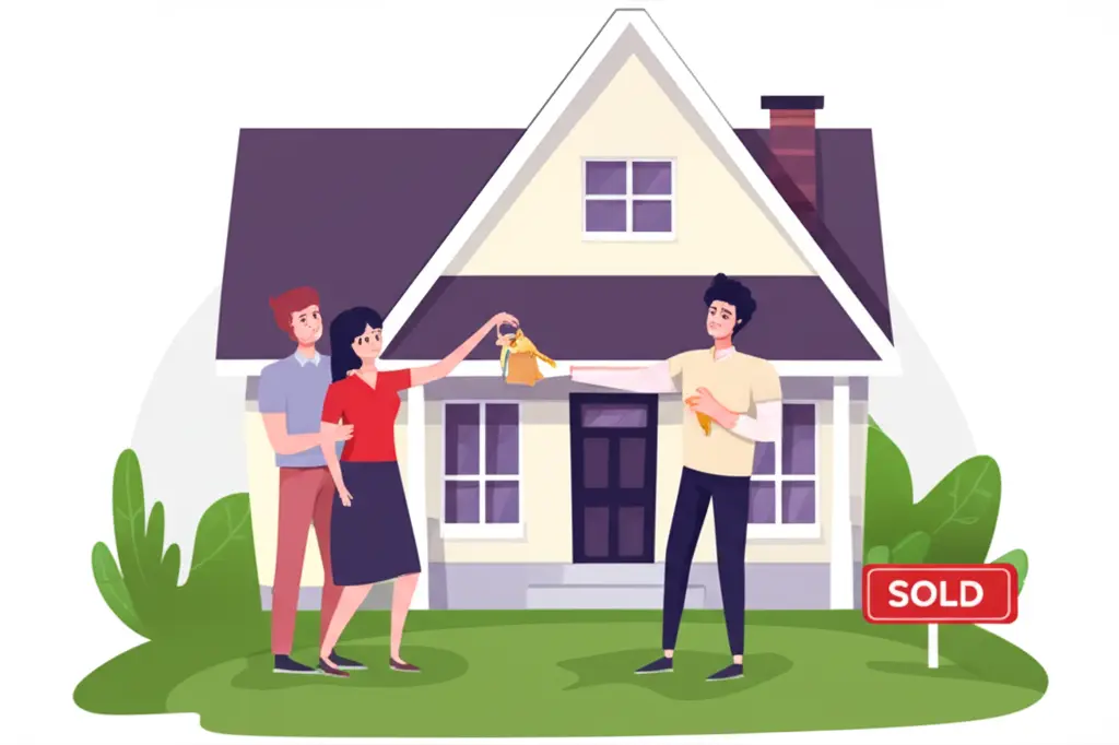 A cartoon image of a young couple receiving keys to a new home.