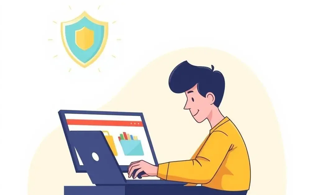 Illustration of online shopping with a security shield on computer screen