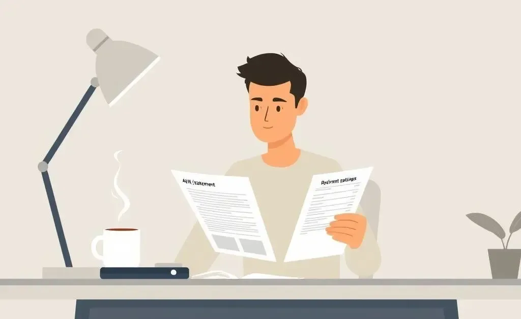 A person reviewing a 401(k) statement at a desk with coffee