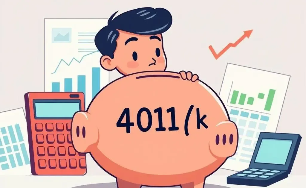 Illustration of a person contemplating a large piggy bank labelled '401(k)'