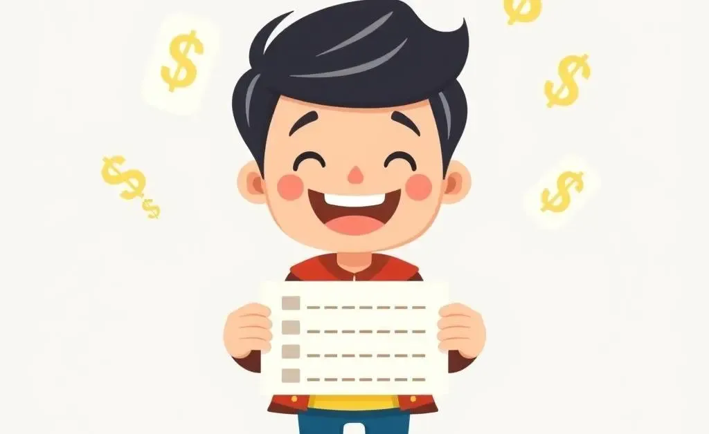 Cartoon illustration of a student holding a report card with dollar signs