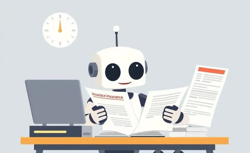 A robot reviewing insurance documents at a desk