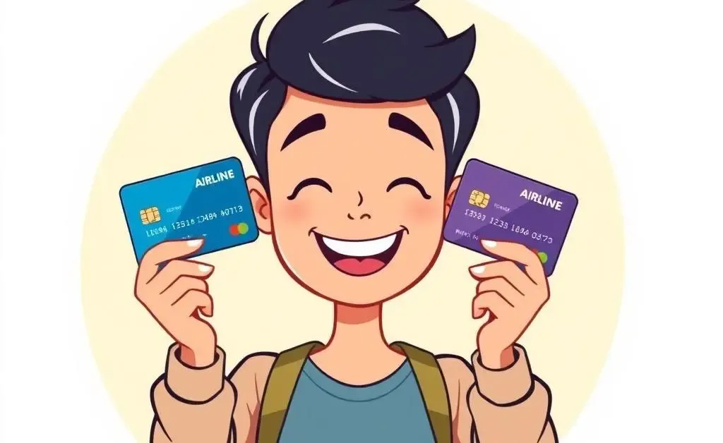 A person jovially comparing airline credit cards.