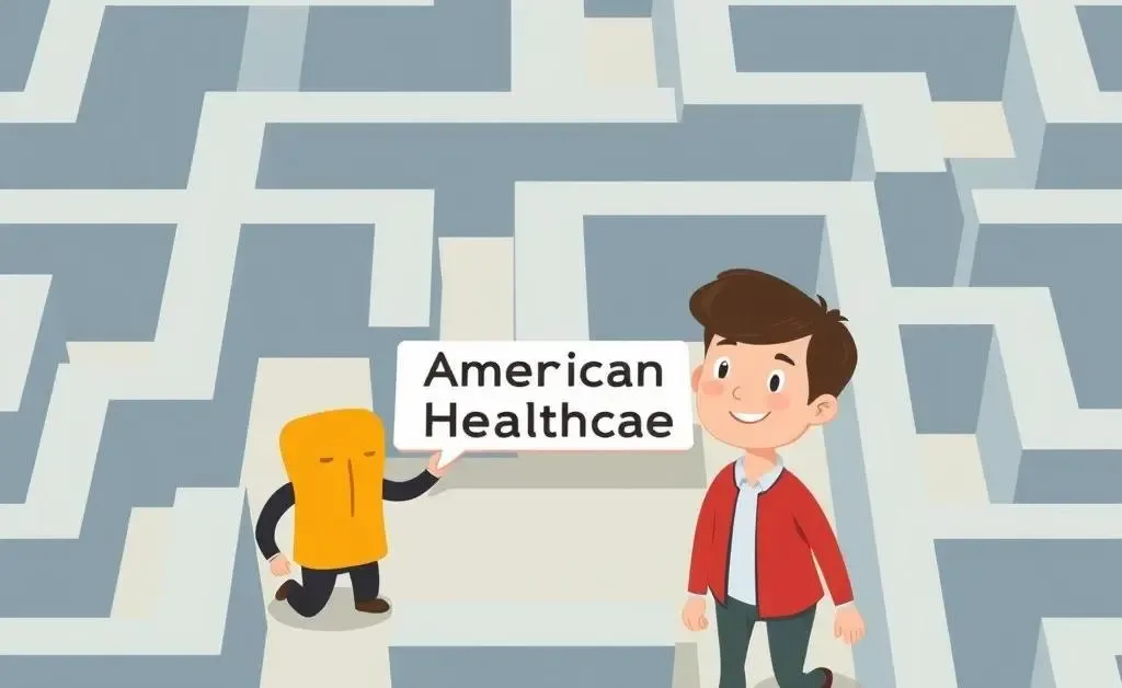 A friendly guide leading someone through a maze labeled 'American Healthcare'.