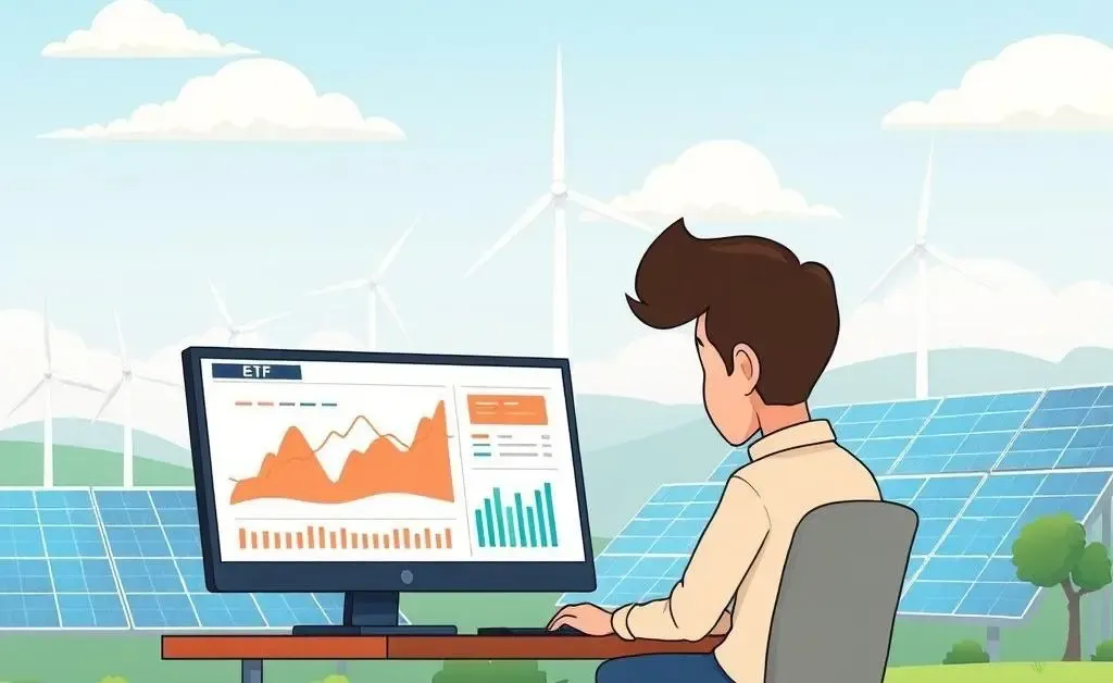 A person analyzing ETF charts on a computer with renewable energy sources in the background.