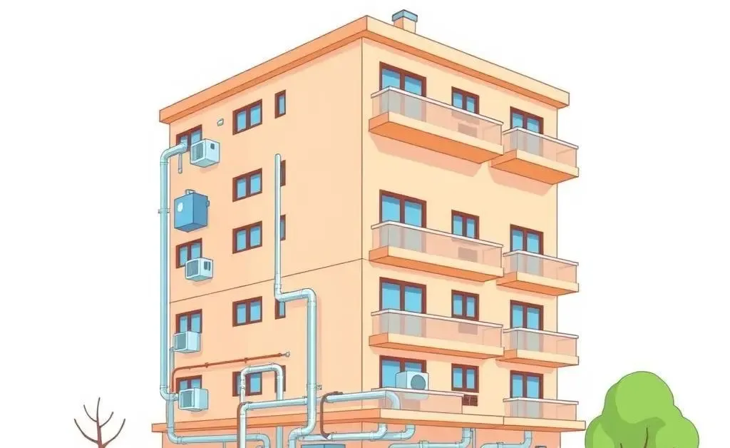 Illustration of an apartment building with a centralized hot water system