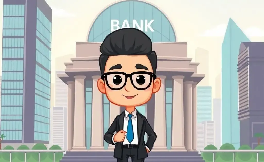 A confident young professional in front of a bank building.