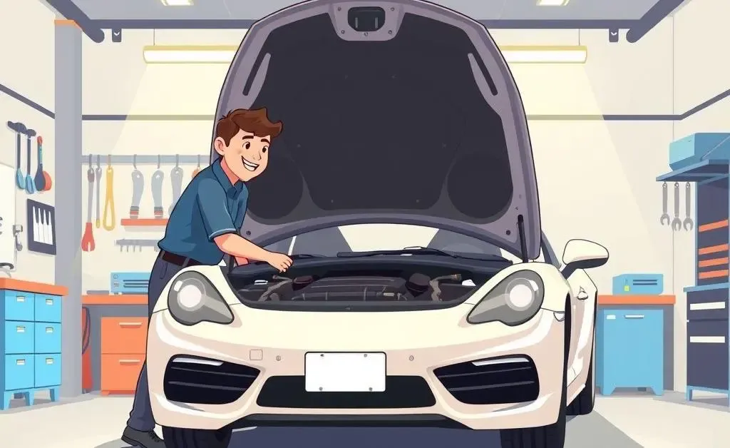 Mechanic inspecting a car in a friendly garage setting