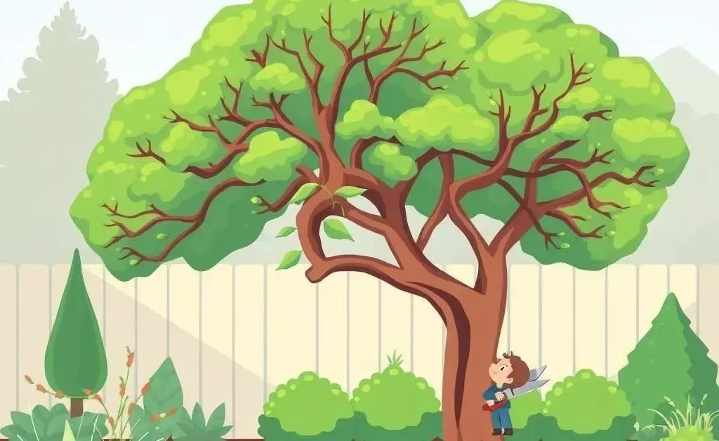 A tranquil backyard scene with a well-tended tree and a person holding pruning shears