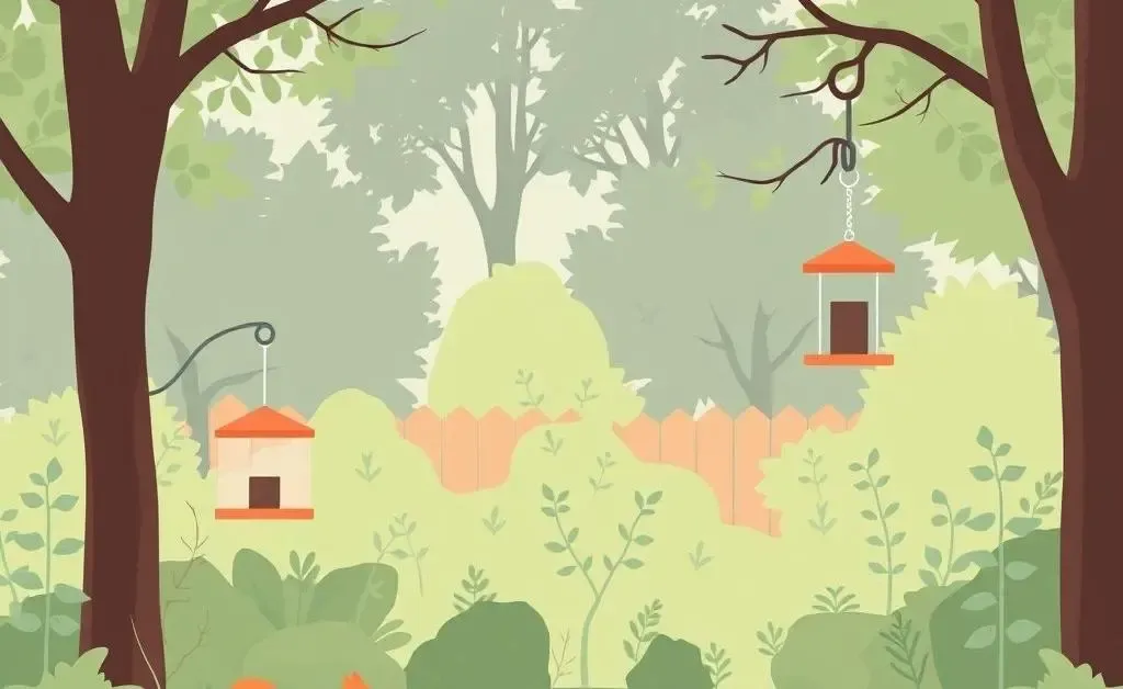 A peaceful backyard scene with various wildlife and bird feeders.