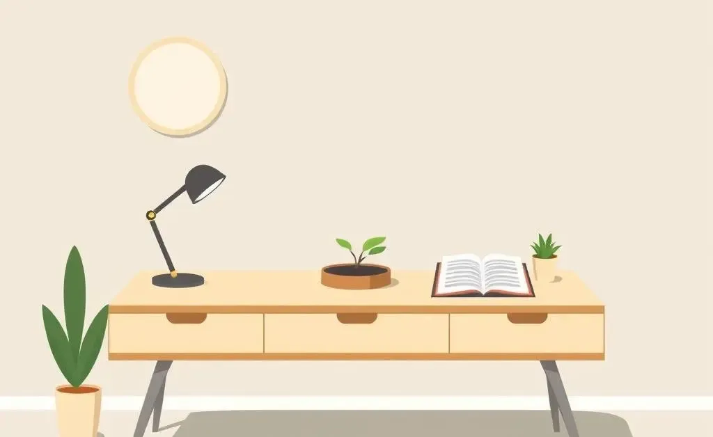 An office desk with a zen garden and planner, symbolizing balance
