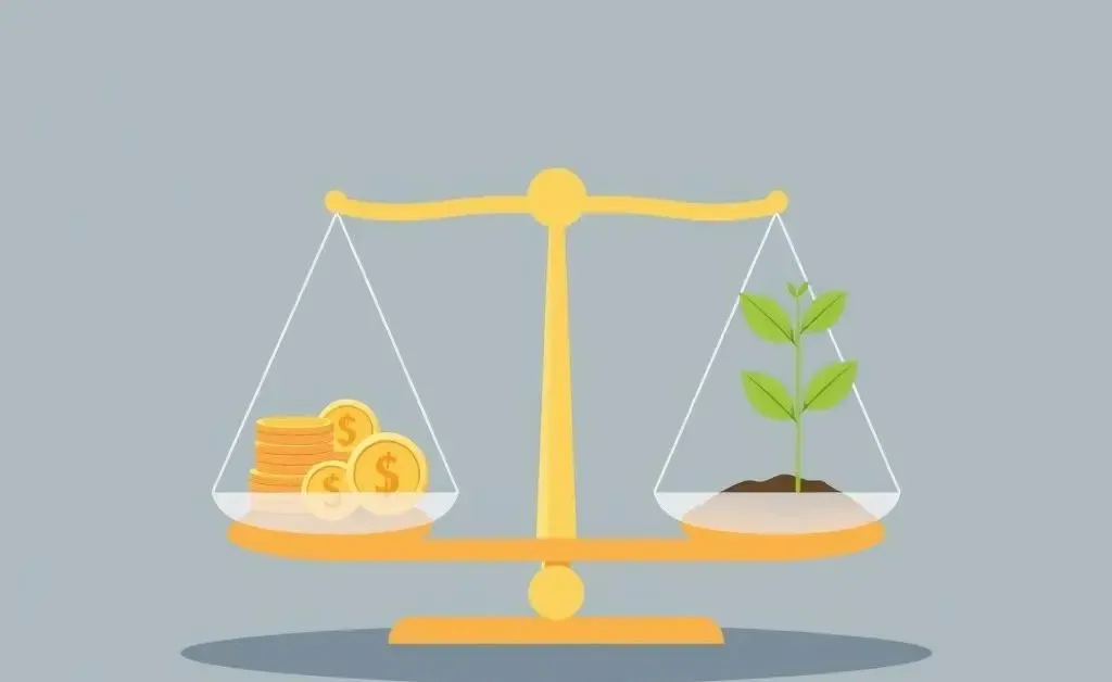 Illustration of a balanced scale with coins and a plant for financial growth