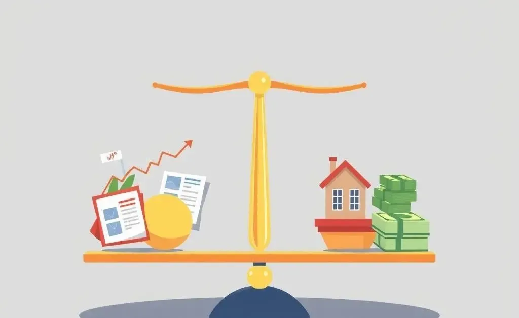A cartoon-style balanced scale with various financial assets