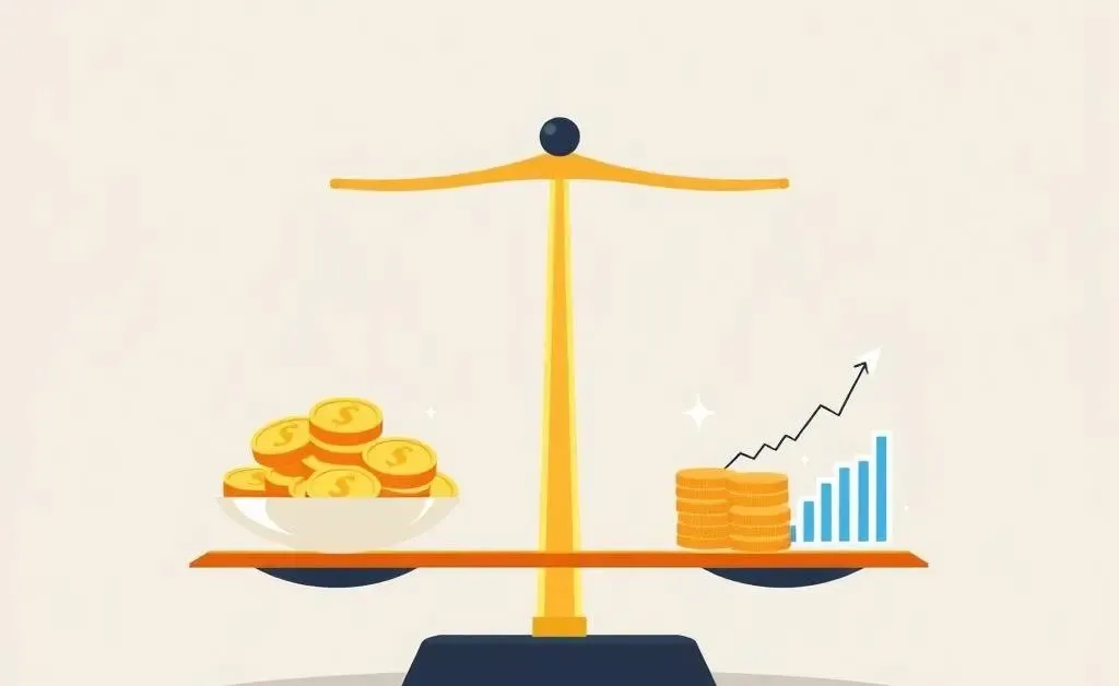 A balanced scale with gold coins and stocks representing a balanced investment portfolio.