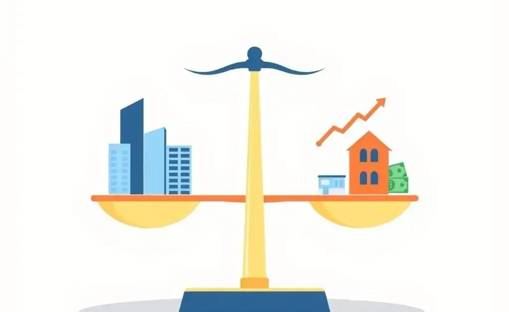 A balanced scale with stocks, bonds, and real estate