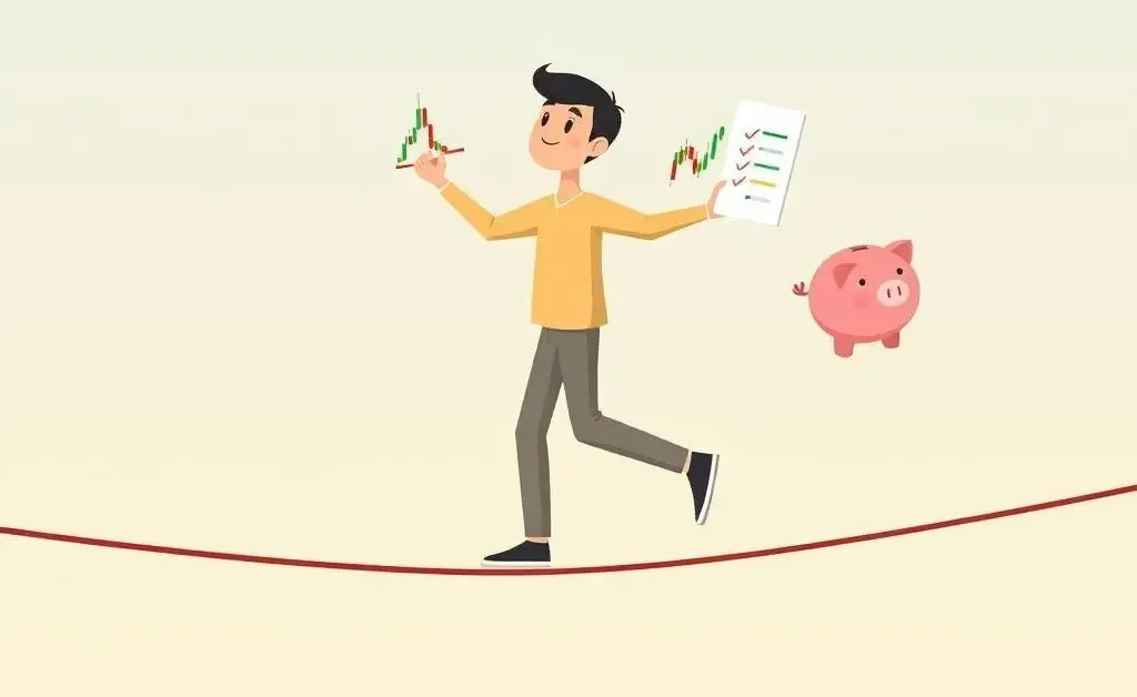 Person balancing on tightrope with stock chart and piggy bank.