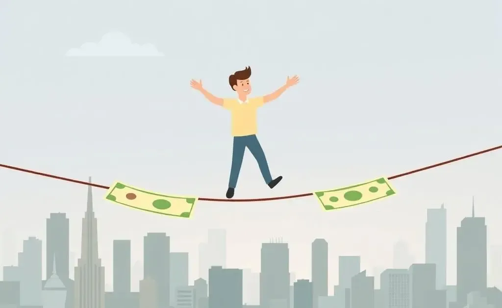 Person balancing on a tightrope made of dollar bills over a cityscape