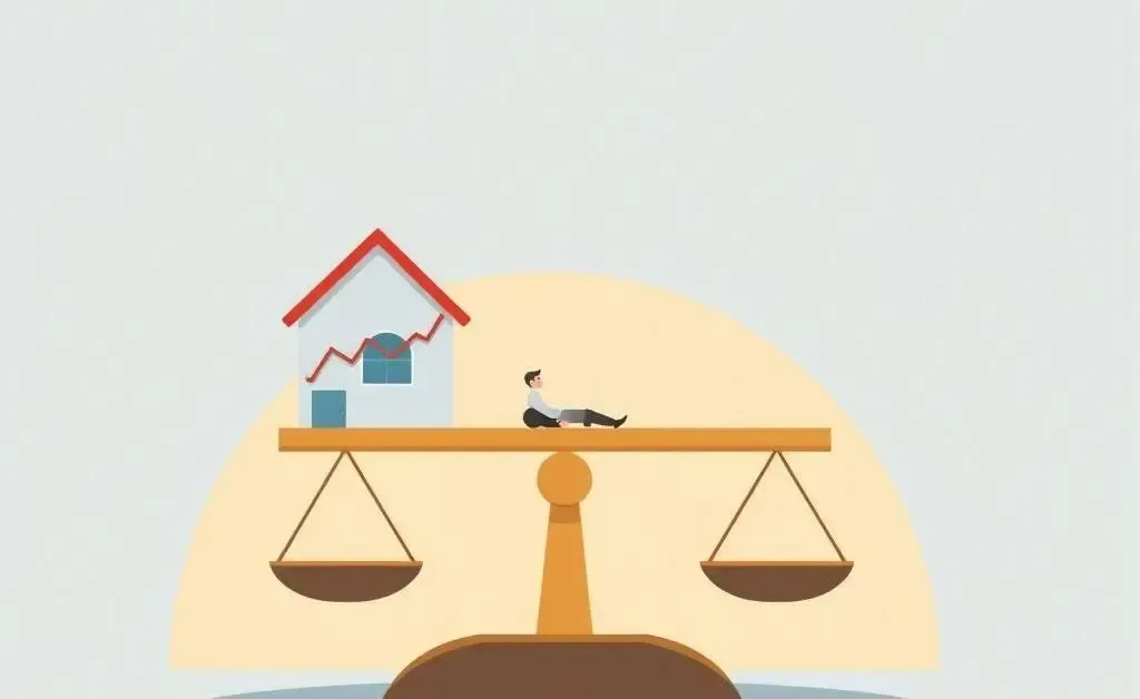 A person balancing a house and a stock chart on a scale