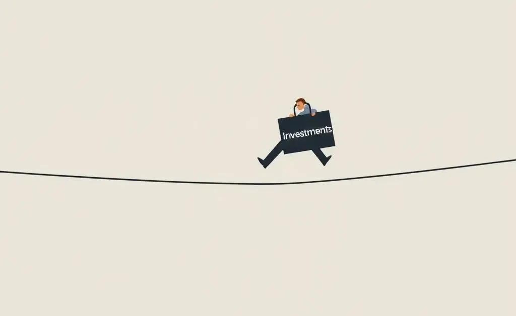 Illustration of a person balancing investments symbolically on a tightrope.
