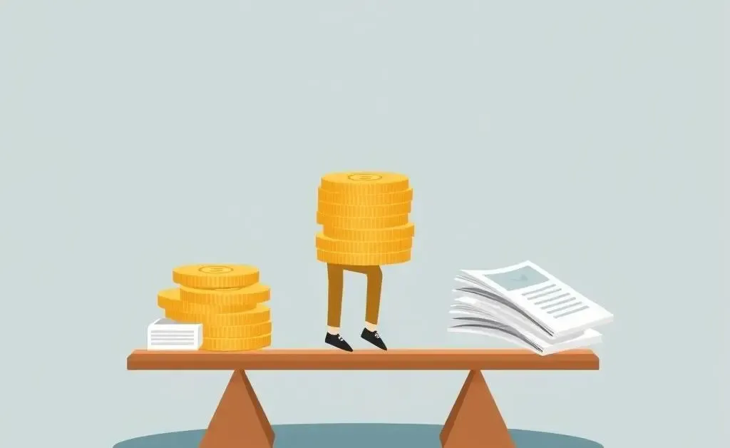 Person balancing coins and stock papers on a seesaw