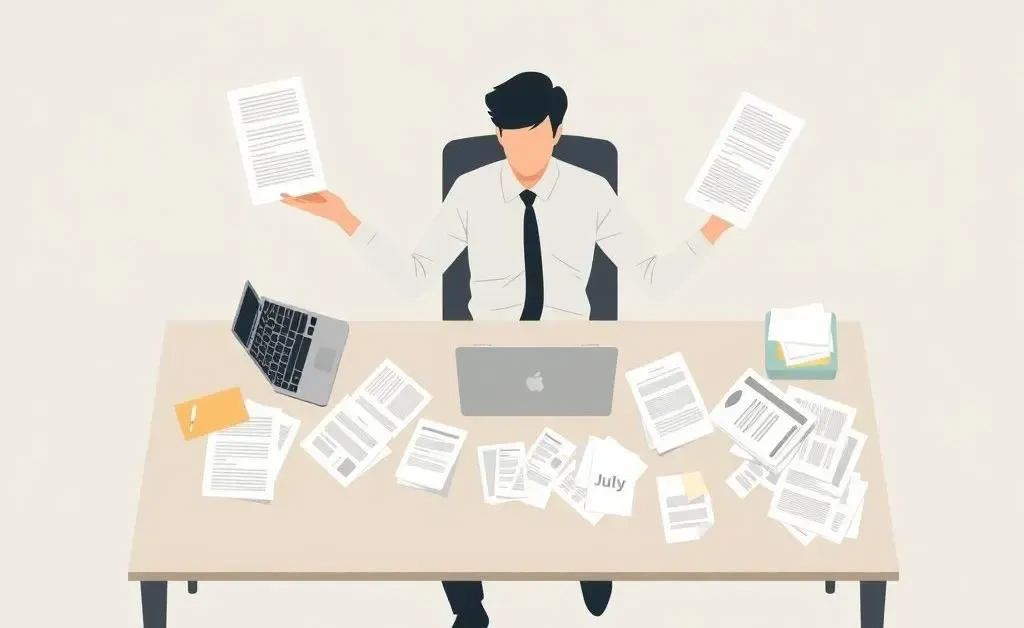 A person balancing jury duty papers and financial documents at a desk