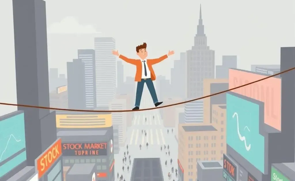 A cartoon person balancing on a tightrope over a stock market scene