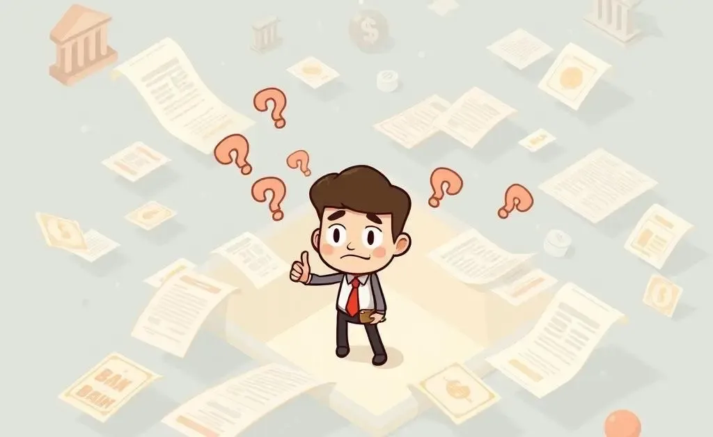 A character navigating through banking documents and symbols