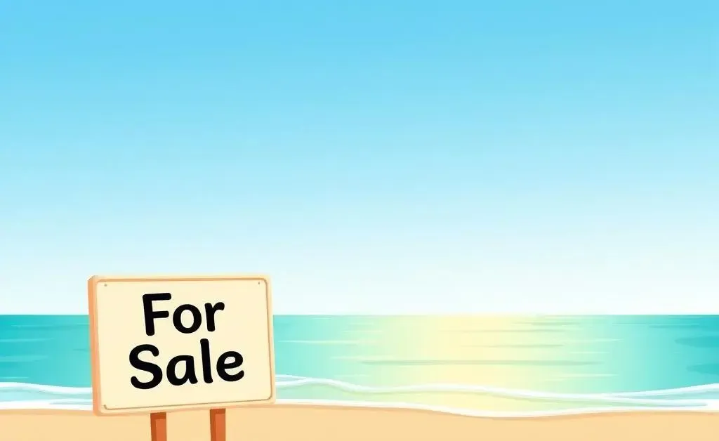 Cartoon-style image of a beach with a 'For Sale' sign