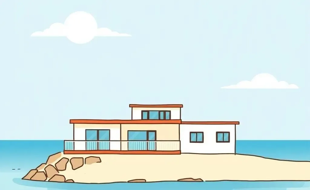 Cartoon-style image of a beach property overlooking the ocean