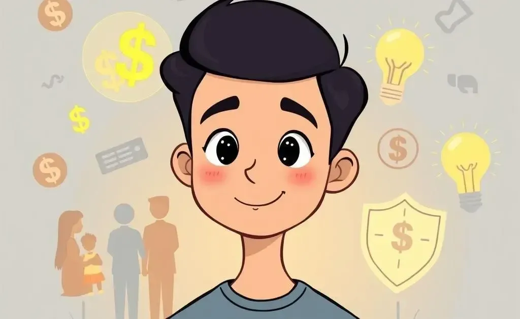 Young person surrounded by life insurance symbols