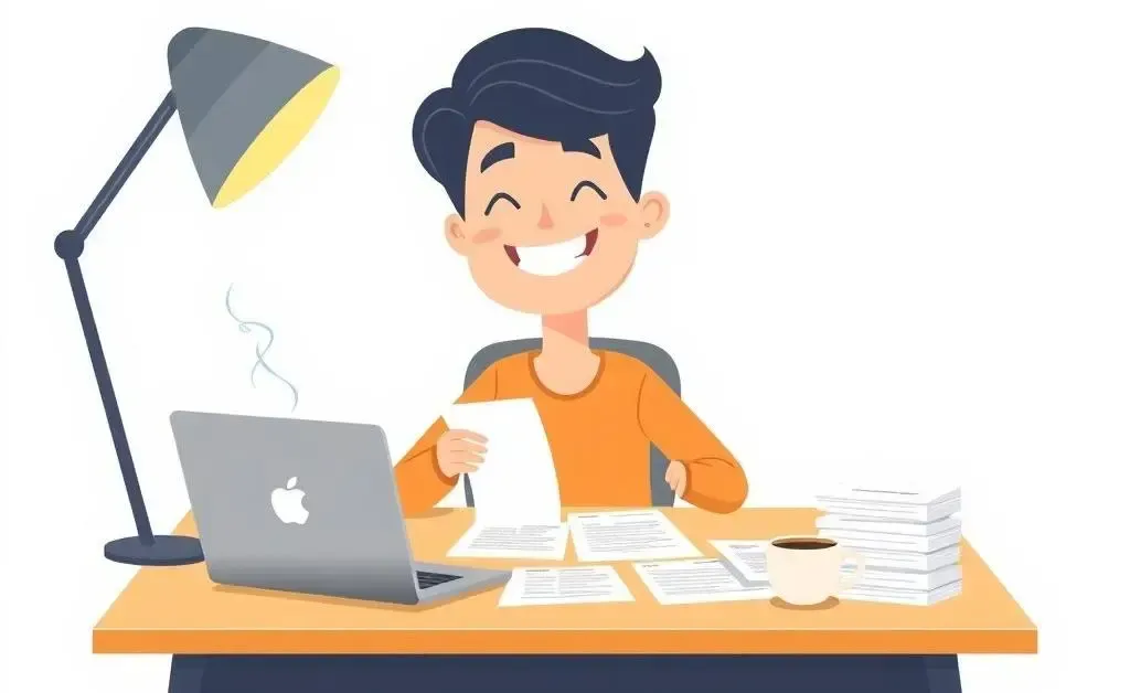 Illustration of a person filling out tax paperwork with a laptop and coffee on a desk