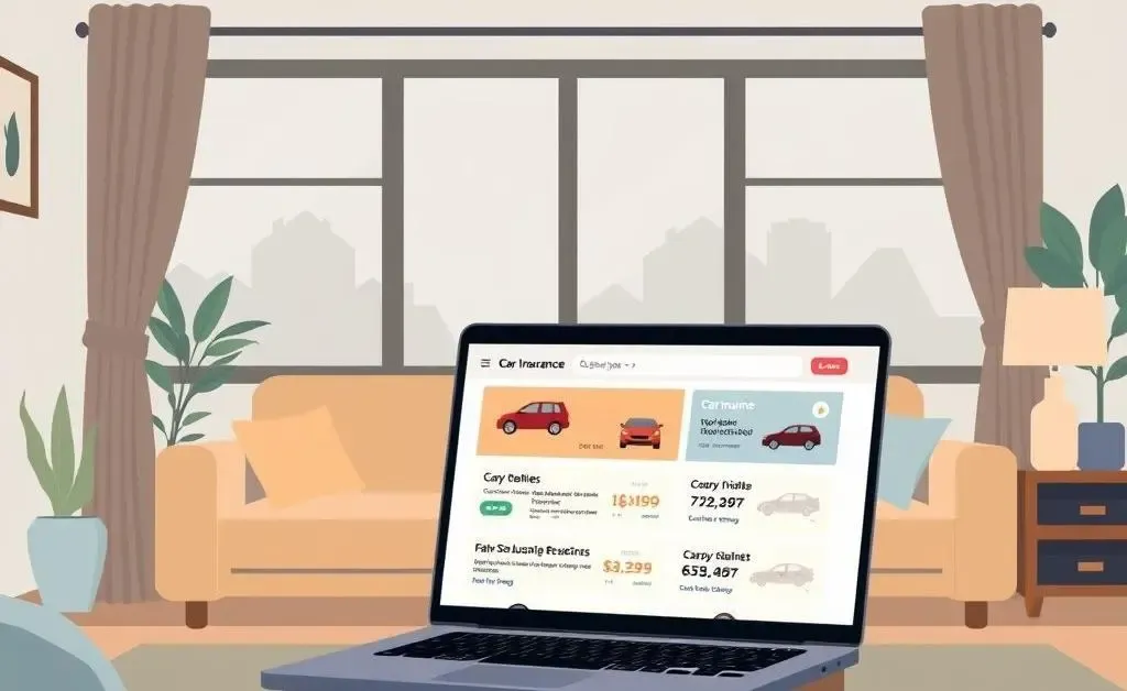 Laptop displaying car insurance comparison sites in a cozy setting