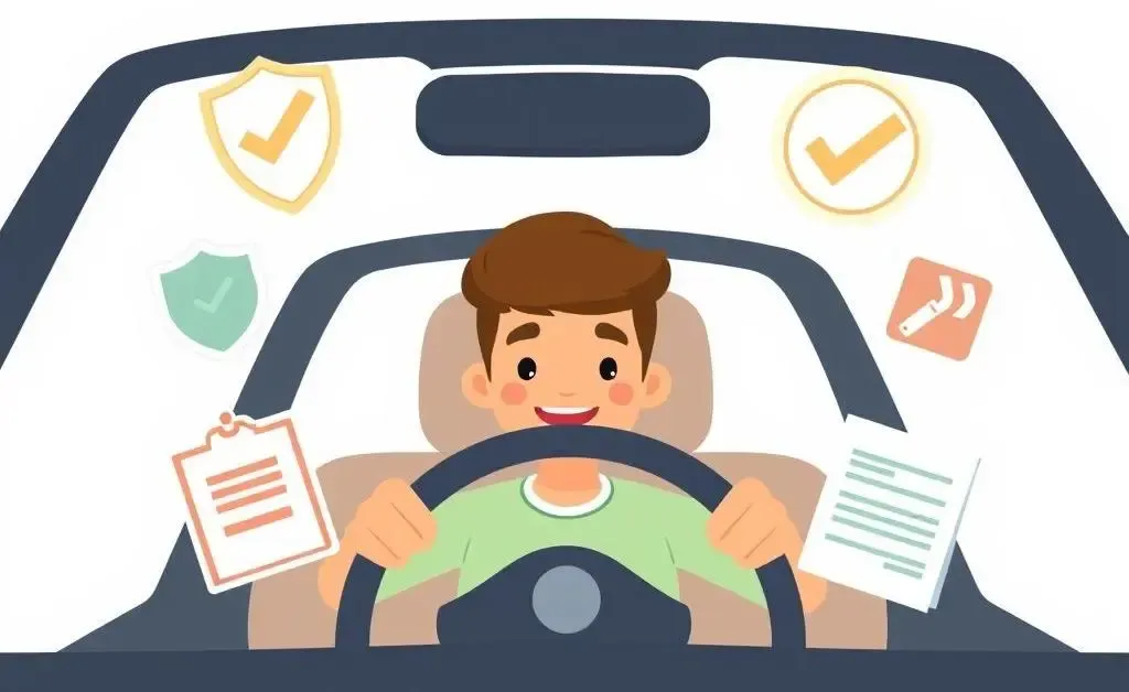 Person driving a car with various insurance symbols floating around