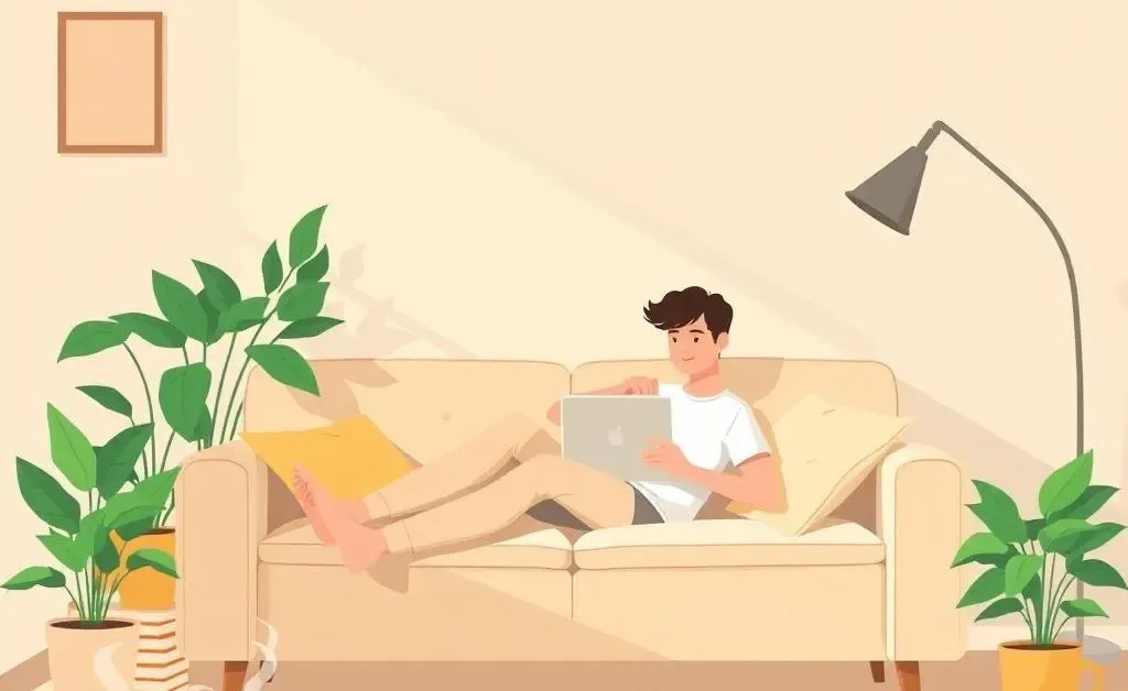 A cozy scene showing a person relaxing on a couch to boost productivity.