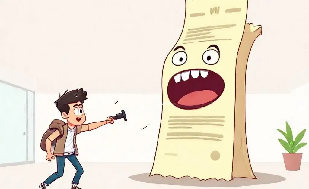 A cartoon person fighting a giant talking receipt in a surreal budget battle.