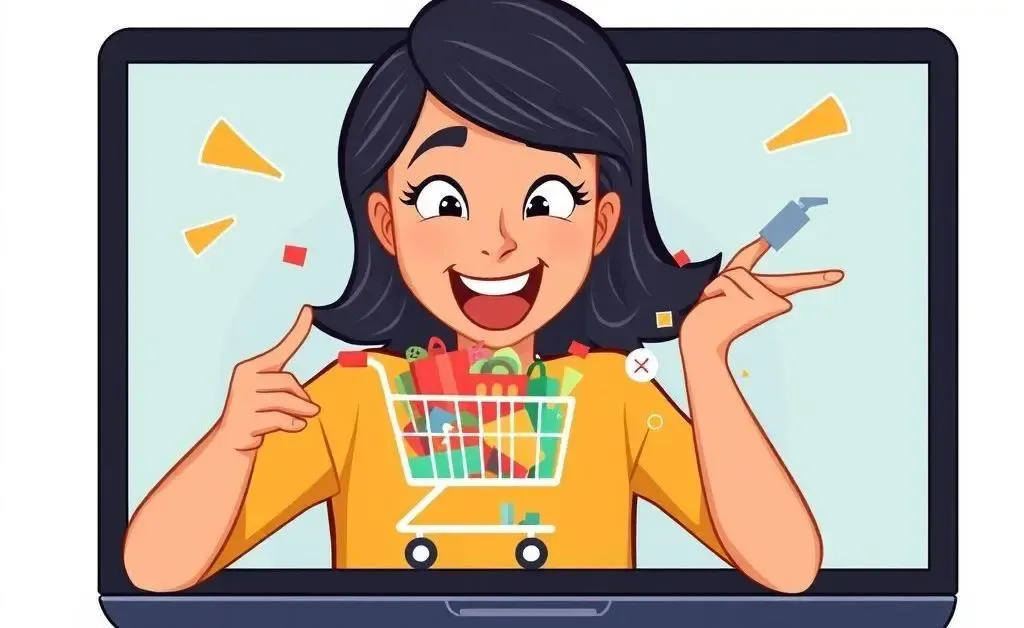 Mia in front of laptop with overflowing online shopping cart.