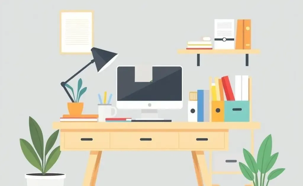 A cozy and organized home office setup with a small desk and colorful stationery.