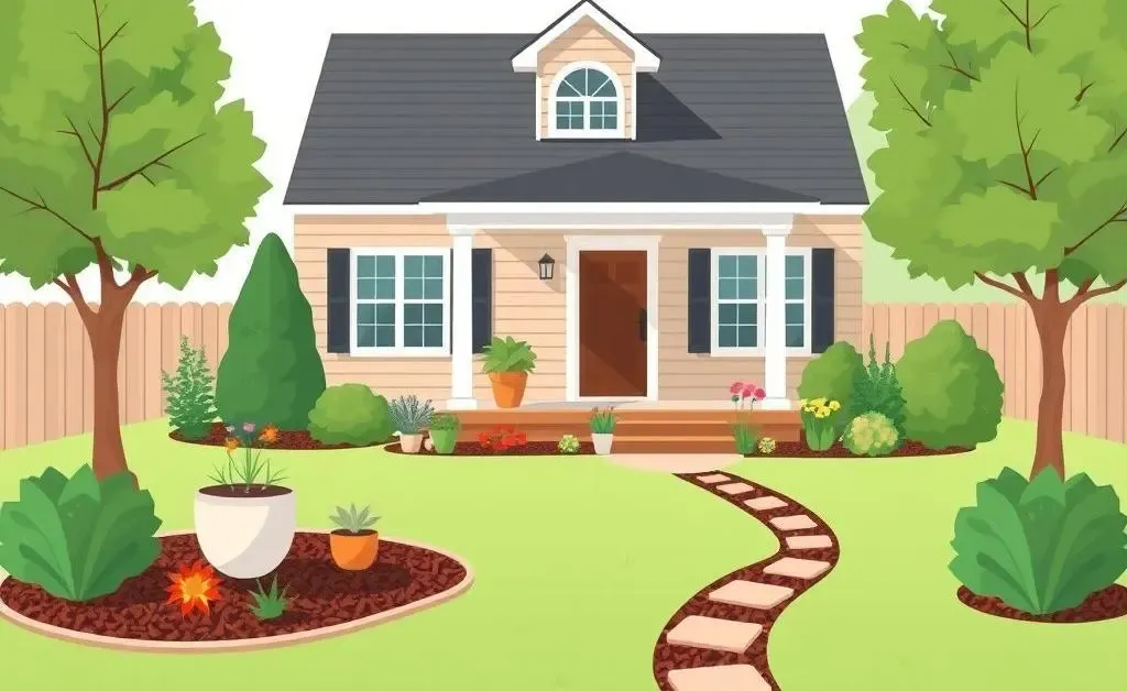 A suburban house with a beautifully landscaped front yard featuring cost-effective elements.