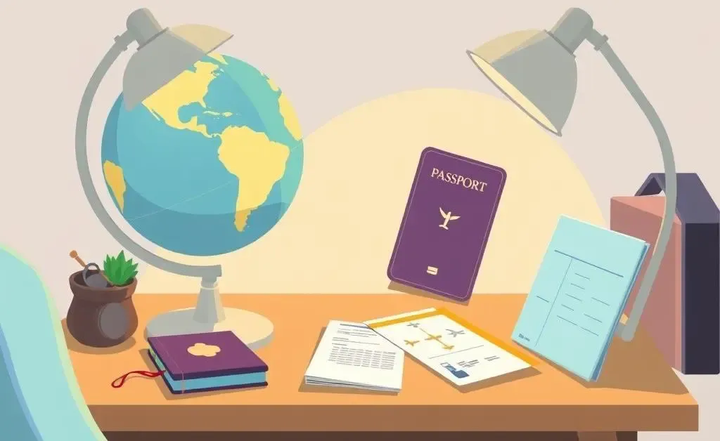 Illustration of a globe, passport, and plane tickets on a modern desk.
