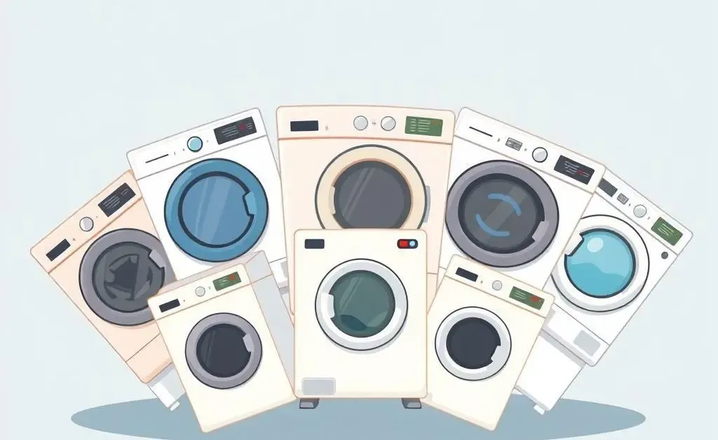 A variety of cartoon-style washing machines representing budget-friendly options.