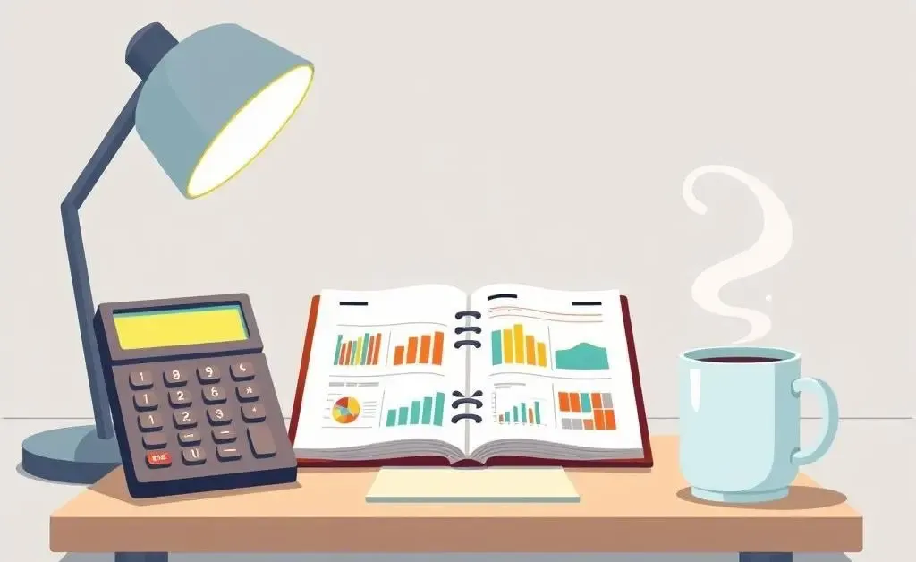 Budget planner on a desk with a calculator and coffee cup.