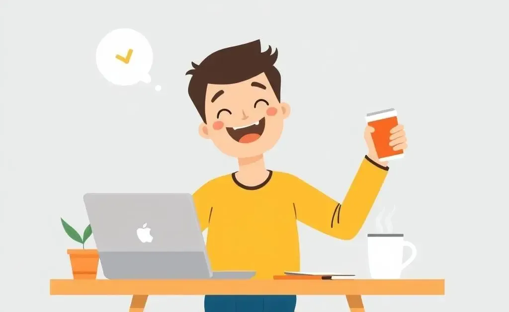 A person budgeting at a desk with a laptop and coffee mug.