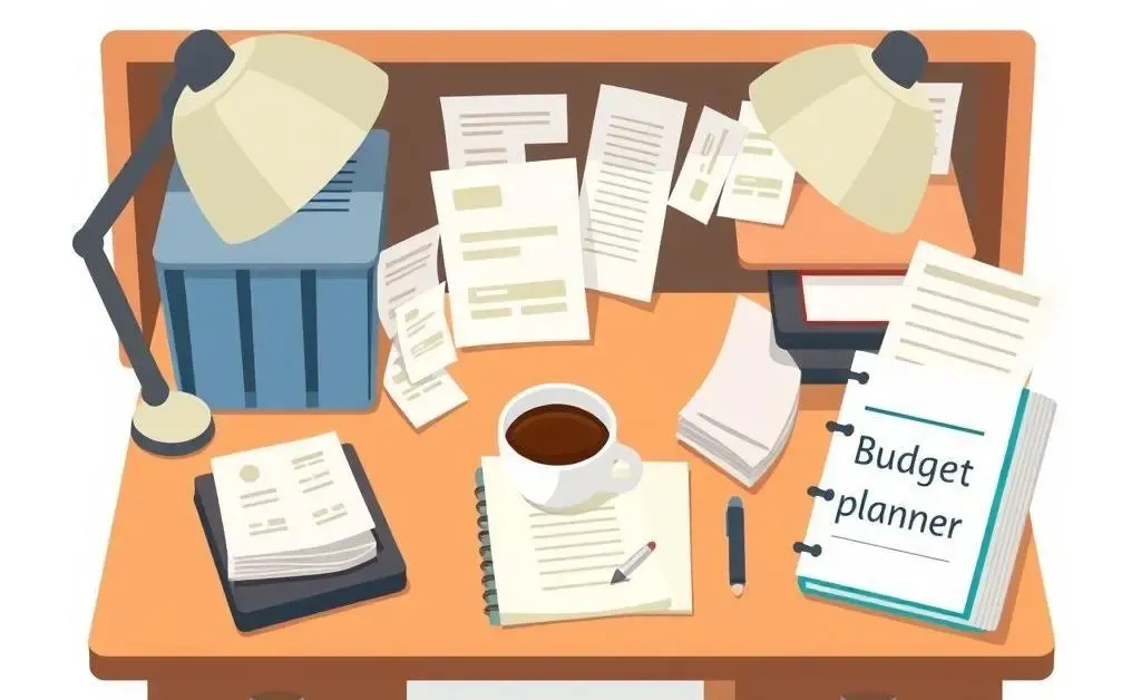 Cartoon-style desk with a budget planner and coffee cup.