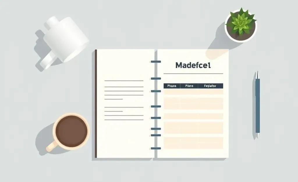 A neat desk setup with a notebook open to a budget plan.