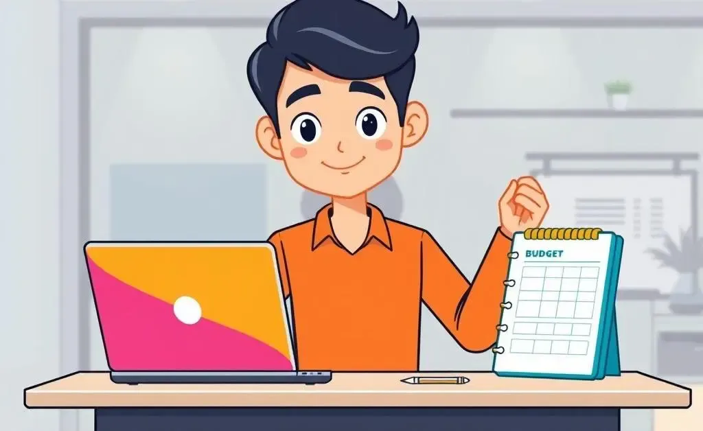 A person managing finances with a budget planner and laptop