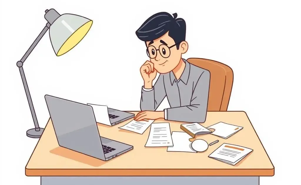 Cartoon of a person planning a budget on a desk