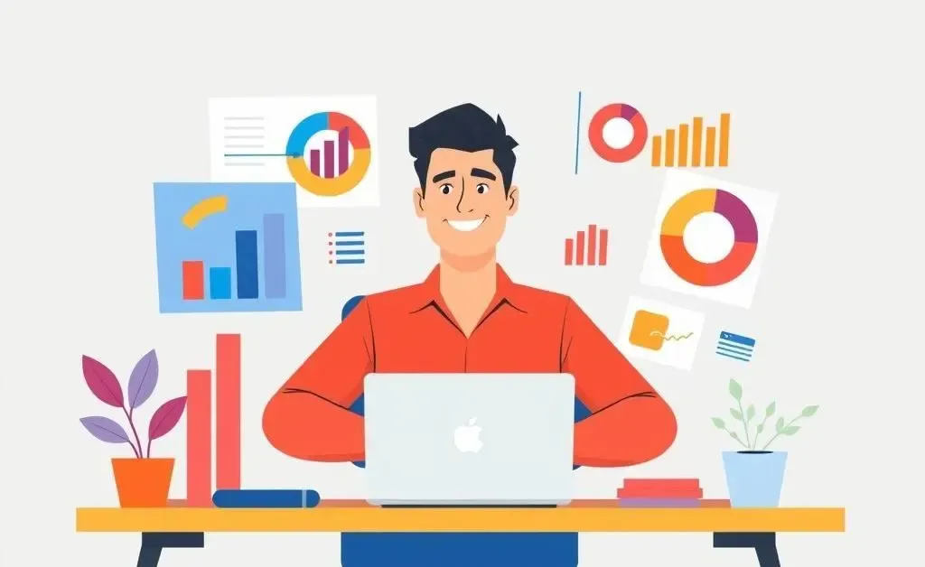 Person happily managing a budget with charts and a laptop