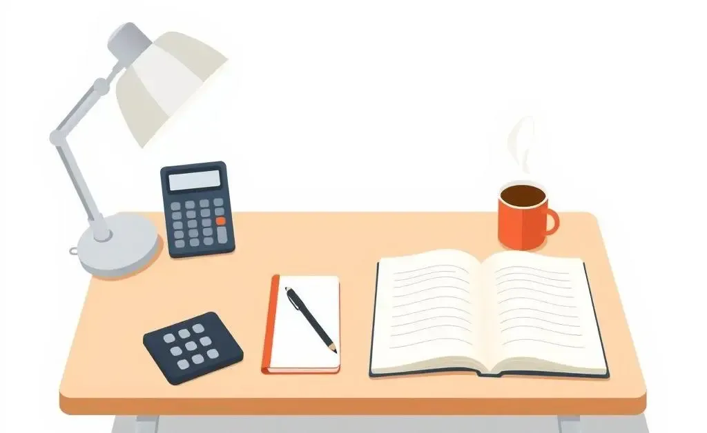 A desk with budgeting tools like a calculator, notebook, and coffee cup.