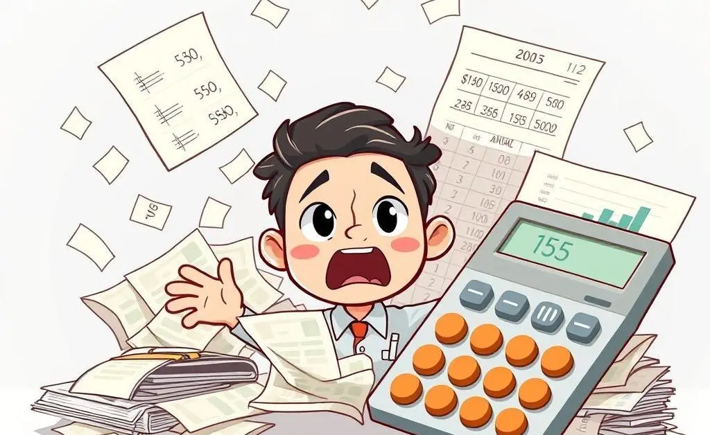 A cartoon character looking overwhelmed by financial calculations
